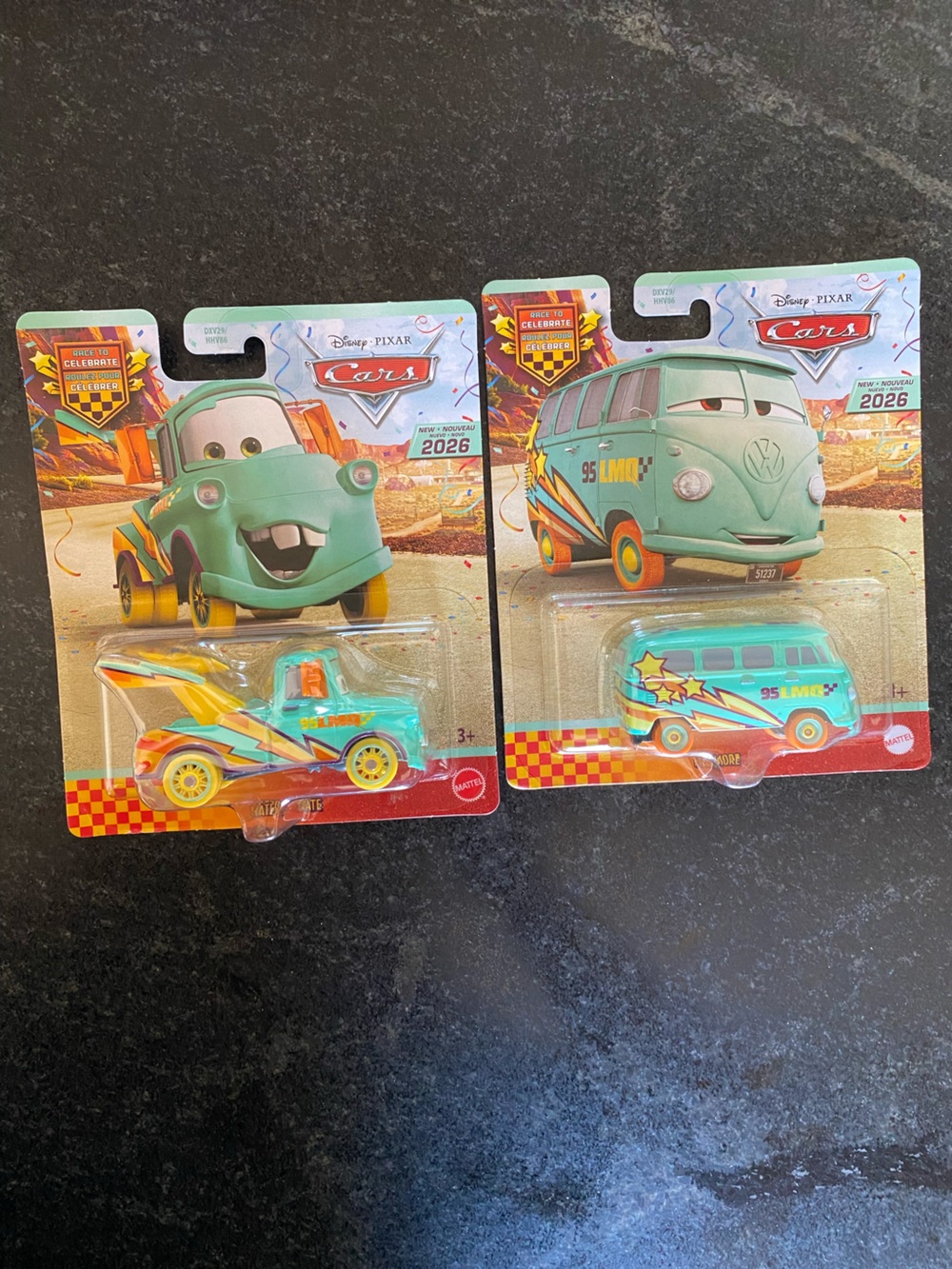 New Disney Pixar cars Race to Celebrate set of 2 mater & Fillmore mattel diecast